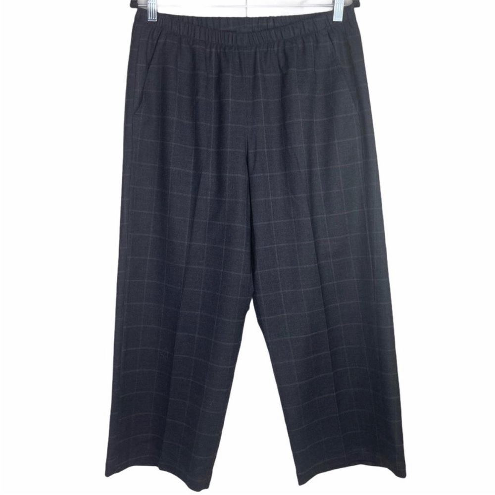 Eileen Fisher Gray Plaid Wide Leg Wool Cropped Pants - Picture 2 of 5